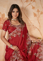 Monjolika Fashion Red Faux Crepe Satin Silk Saree With Embroidered Blouse | Grocsy
