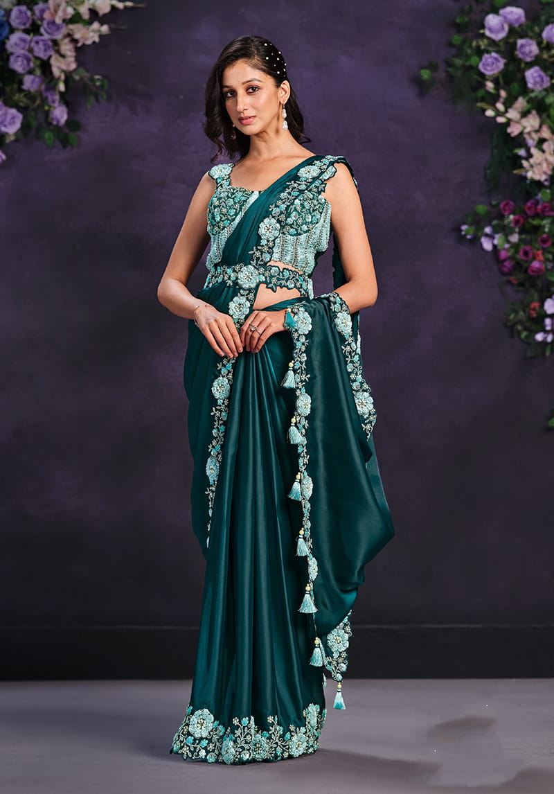 Monjolika Fashion Teal Green Pre-Draped Crepe Satin Silk Saree with Embroidered Blouse and Waist Belt | Grocsy