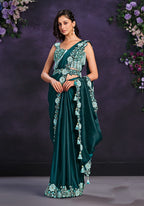 Monjolika Fashion Teal Green Pre-Draped Crepe Satin Silk Saree with Embroidered Blouse and Waist Belt | Grocsy