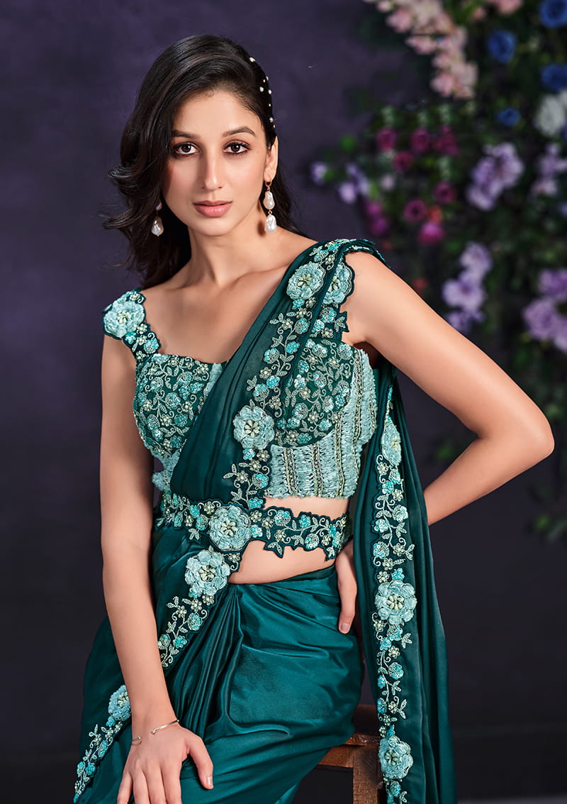 Monjolika Fashion Teal Green Pre-Draped Crepe Satin Silk Saree with Embroidered Blouse and Waist Belt | Grocsy