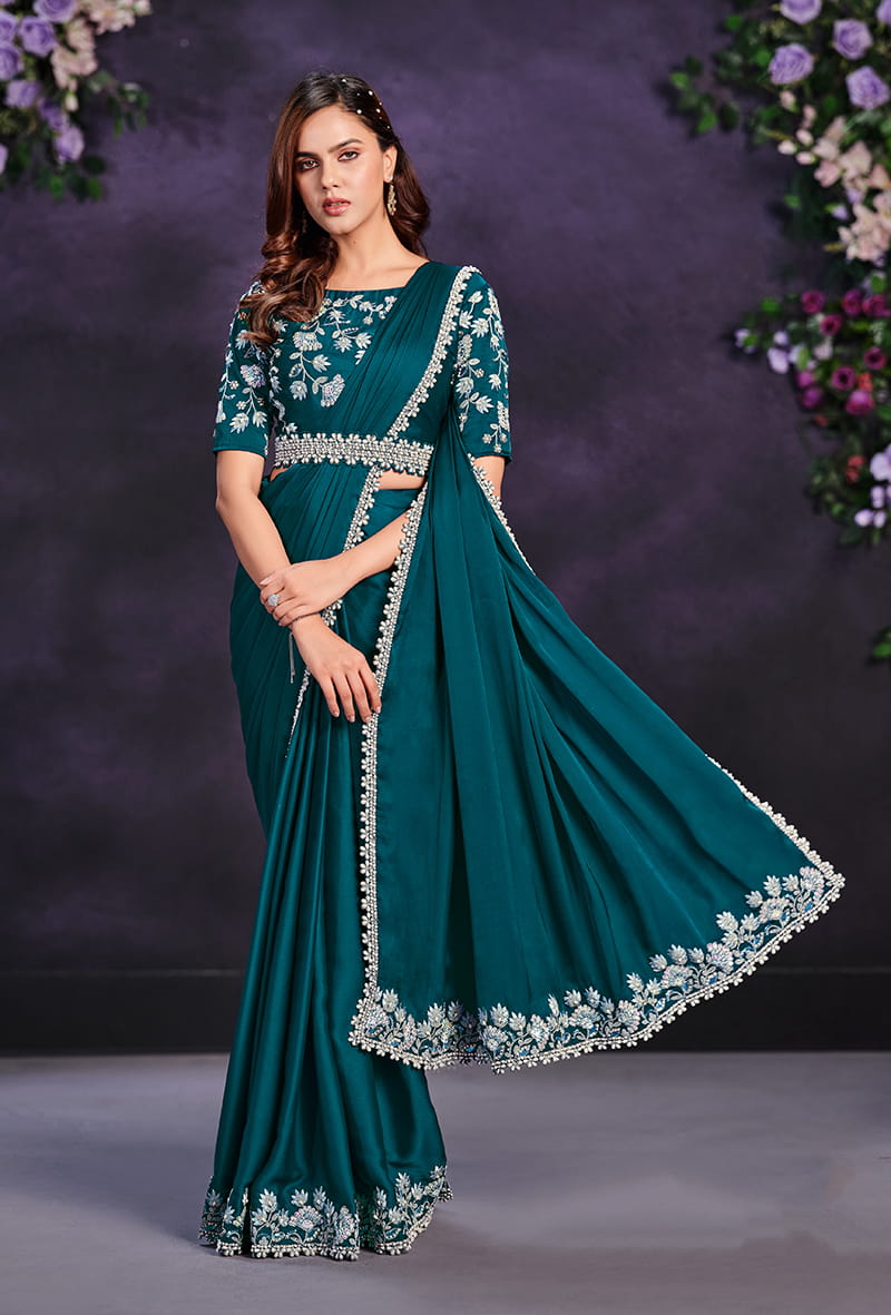 Monjolika Fashion Dark Green Pre-Draped Crepe Satin Silk Saree with Embroidered Blouse and Waist Belt | Grocsy