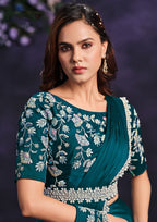 Monjolika Fashion Dark Green Pre-Draped Crepe Satin Silk Saree with Embroidered Blouse and Waist Belt | Grocsy