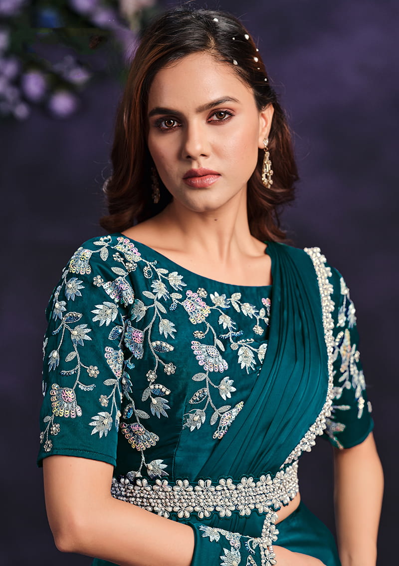 Monjolika Fashion Dark Green Pre-Draped Crepe Satin Silk Saree with Embroidered Blouse and Waist Belt | Grocsy