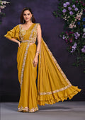 Monjolika Fashion Mustard Pre-Draped Crepe Satin Silk Saree with Embroidered Blouse and Waist Belt | Grocsy