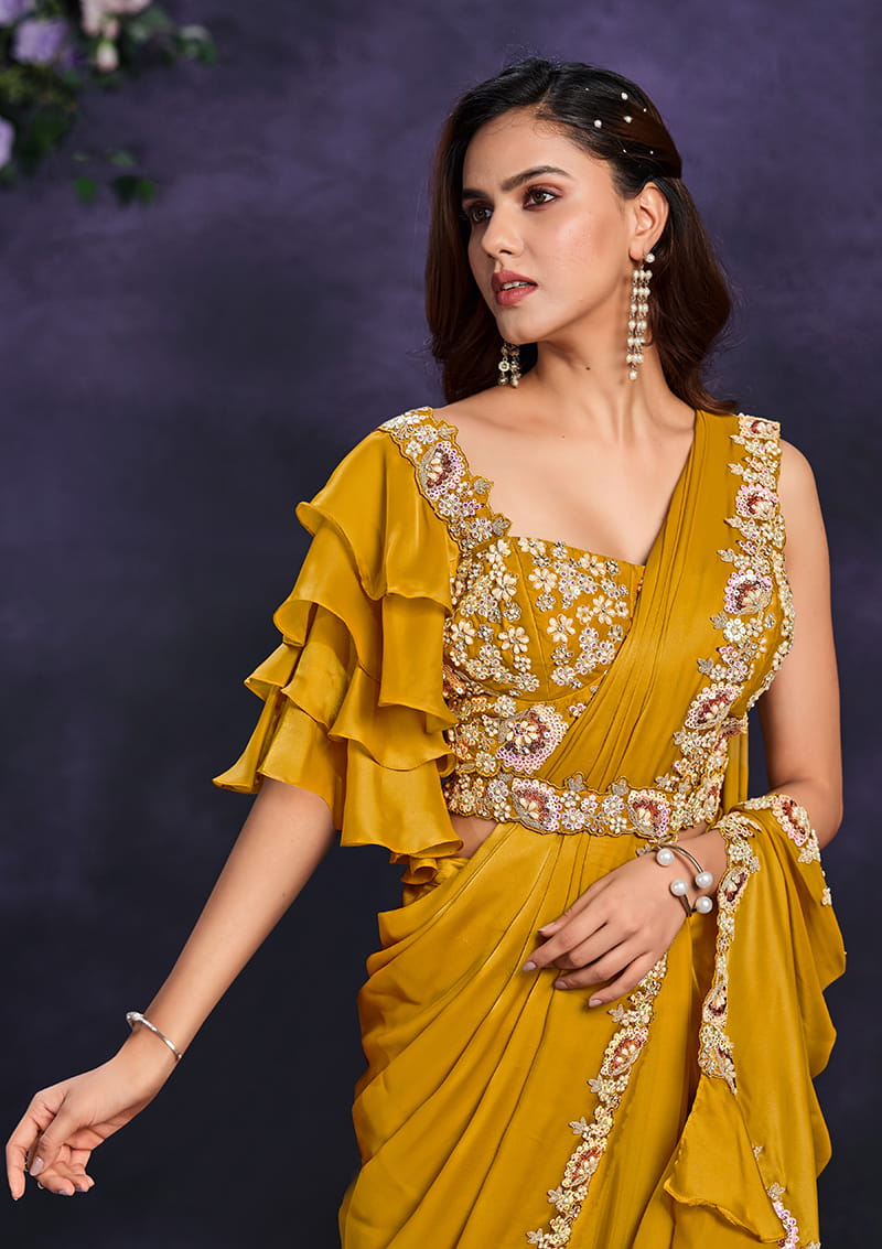 Monjolika Fashion Mustard Pre-Draped Crepe Satin Silk Saree with Embroidered Blouse and Waist Belt | Grocsy