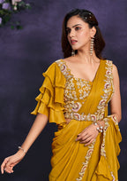 Monjolika Fashion Mustard Pre-Draped Crepe Satin Silk Saree with Embroidered Blouse and Waist Belt | Grocsy