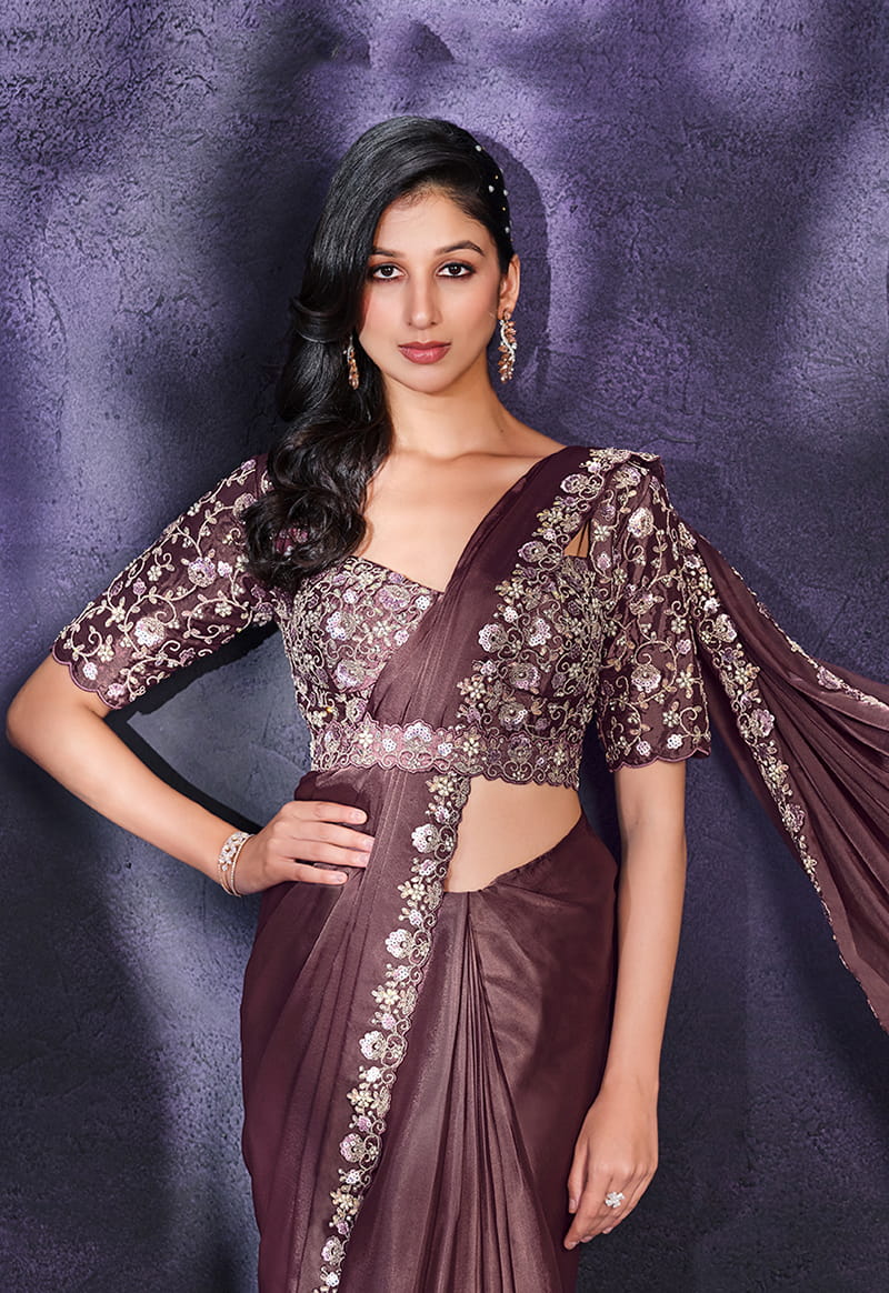 Monjolika Fashion Dusty Mauve Pre-Draped Crepe Satin Silk Saree with Embroidered Blouse and Waist Belt | Grocsy