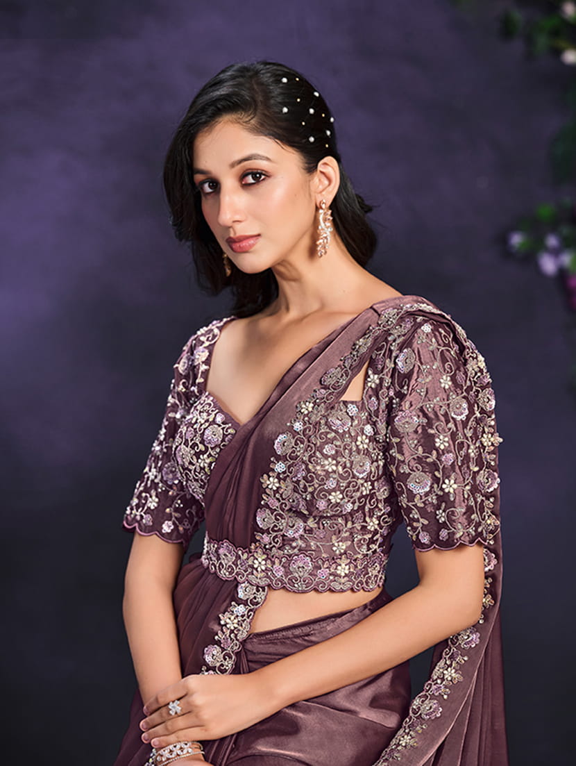 Monjolika Fashion Dusty Mauve Pre-Draped Crepe Satin Silk Saree with Embroidered Blouse and Waist Belt | Grocsy