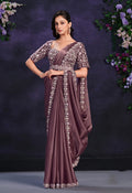 Monjolika Fashion Dusty Mauve Pre-Draped Crepe Satin Silk Saree with Embroidered Blouse and Waist Belt | Grocsy