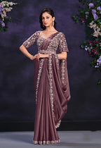 Monjolika Fashion Dusty Mauve Pre-Draped Crepe Satin Silk Saree with Embroidered Blouse and Waist Belt | Grocsy
