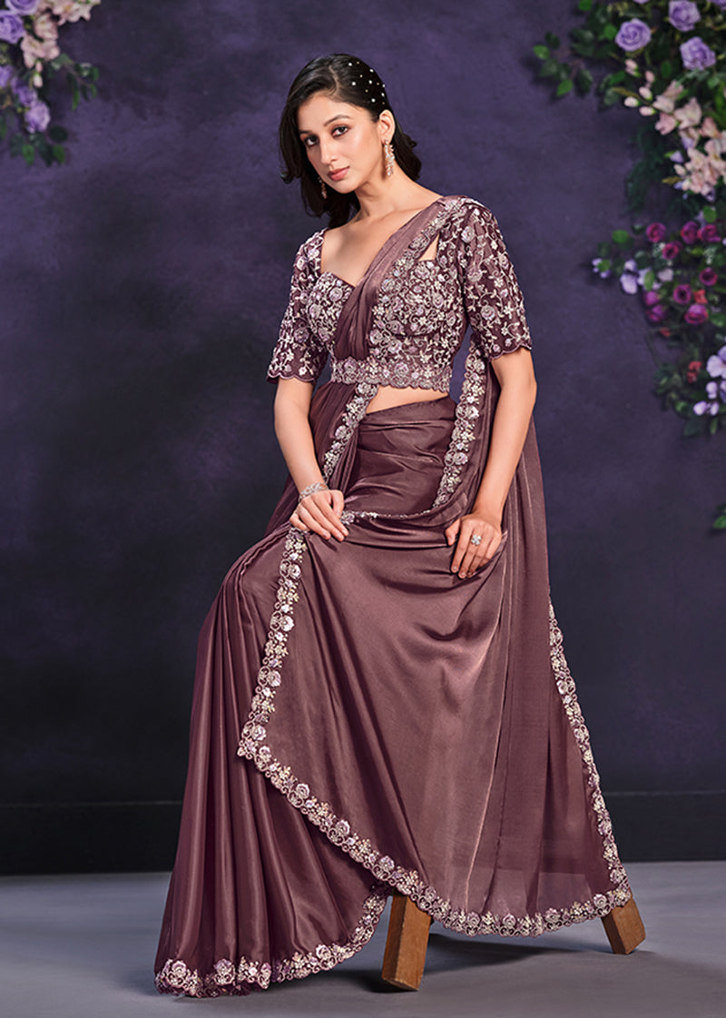 Monjolika Fashion Dusty Mauve Pre-Draped Crepe Satin Silk Saree with Embroidered Blouse and Waist Belt | Grocsy