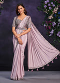 Monjolika Fashion Lilac Pre-Draped Crepe Satin Silk Saree with Embroidered Blouse and Waist Belt | Grocsy