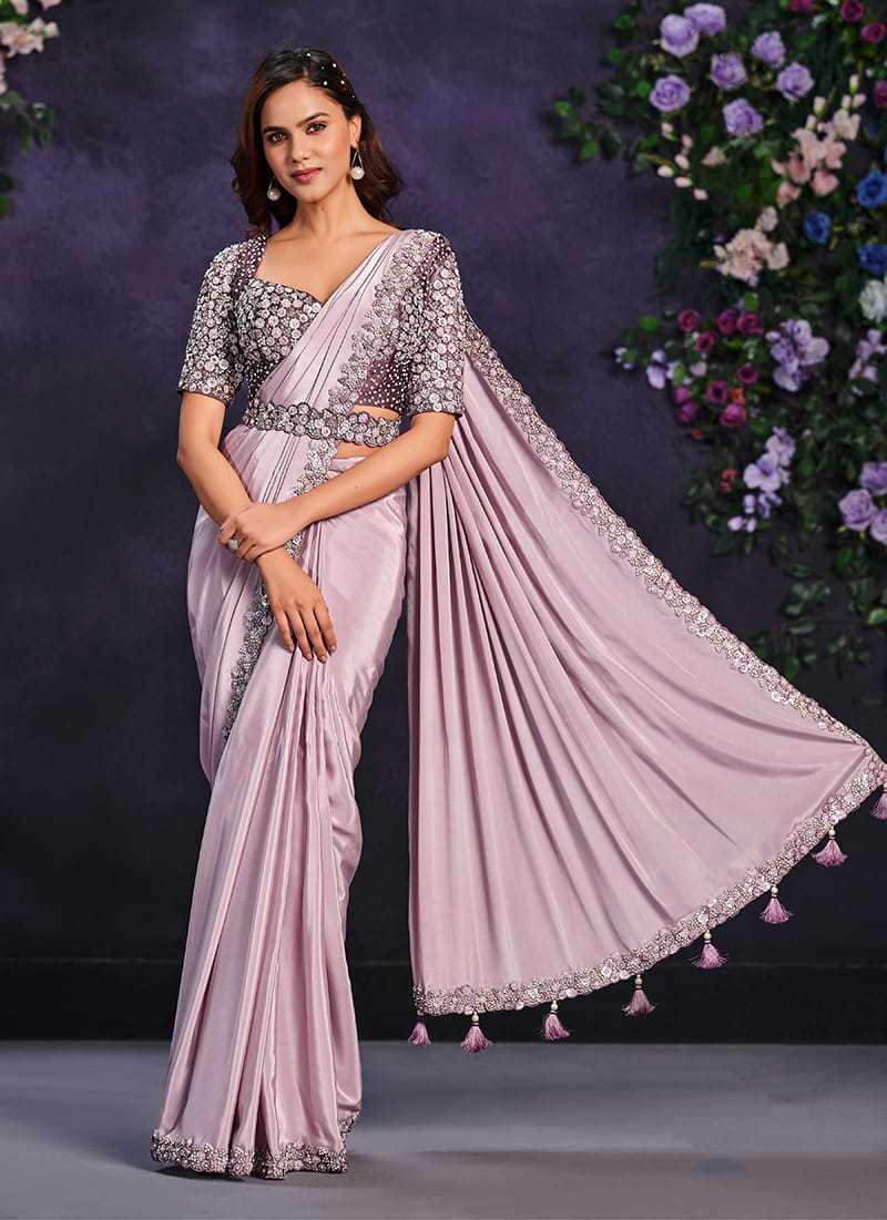Monjolika Fashion Lilac Pre-Draped Crepe Satin Silk Saree with Embroidered Blouse and Waist Belt | Grocsy