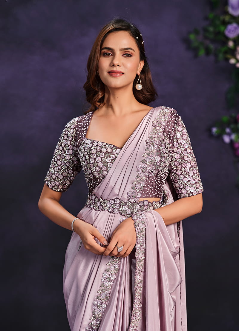 Monjolika Fashion Lilac Pre-Draped Crepe Satin Silk Saree with Embroidered Blouse and Waist Belt | Grocsy