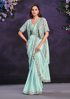 Monjolika Fashion Sea Green Pre-Draped Crepe Satin Silk Saree with Embroidered Blouse and Waist Belt | Grocsy