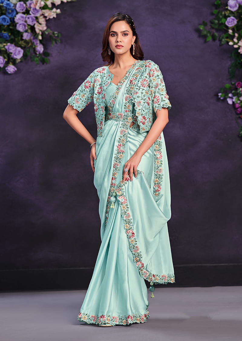 Monjolika Fashion Sea Green Pre-Draped Crepe Satin Silk Saree with Embroidered Blouse and Waist Belt | Grocsy