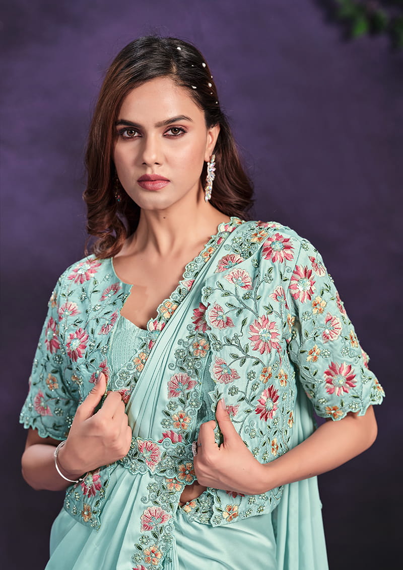Monjolika Fashion Sea Green Pre-Draped Crepe Satin Silk Saree with Embroidered Blouse and Waist Belt | Grocsy