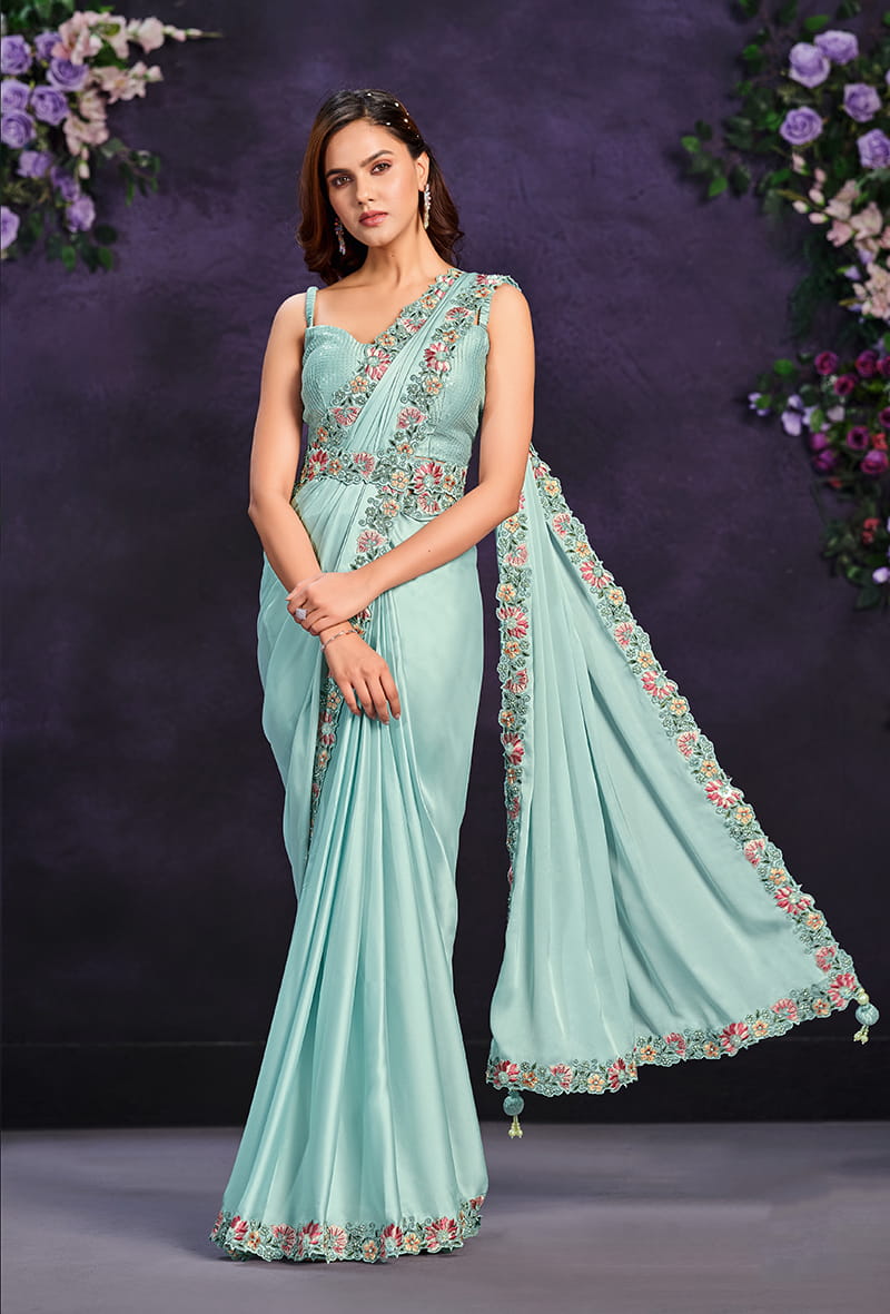 Monjolika Fashion Sea Green Pre-Draped Crepe Satin Silk Saree with Embroidered Blouse and Waist Belt | Grocsy