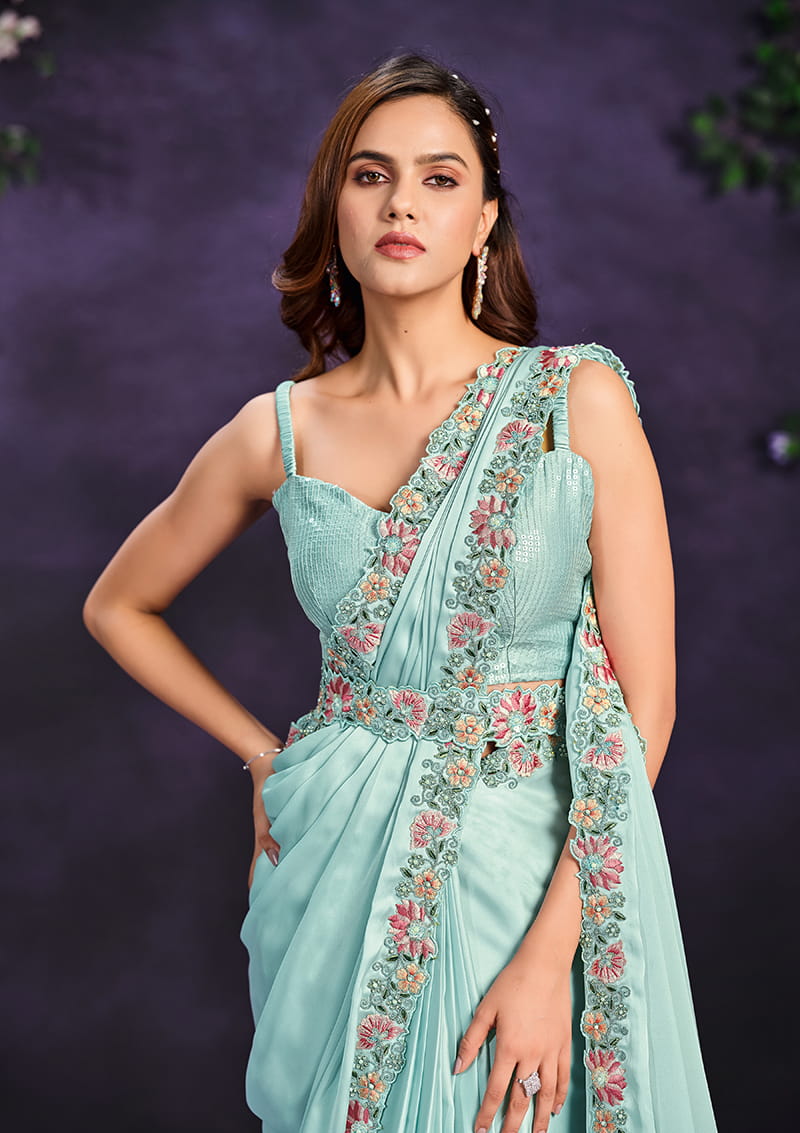 Monjolika Fashion Sea Green Pre-Draped Crepe Satin Silk Saree with Embroidered Blouse and Waist Belt | Grocsy