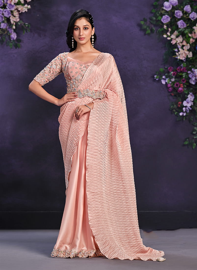 Monjolika Fashion Peach Pre-Draped Crepe Satin Silk Saree with Embroidered Blouse and Waist Belt | Grocsy