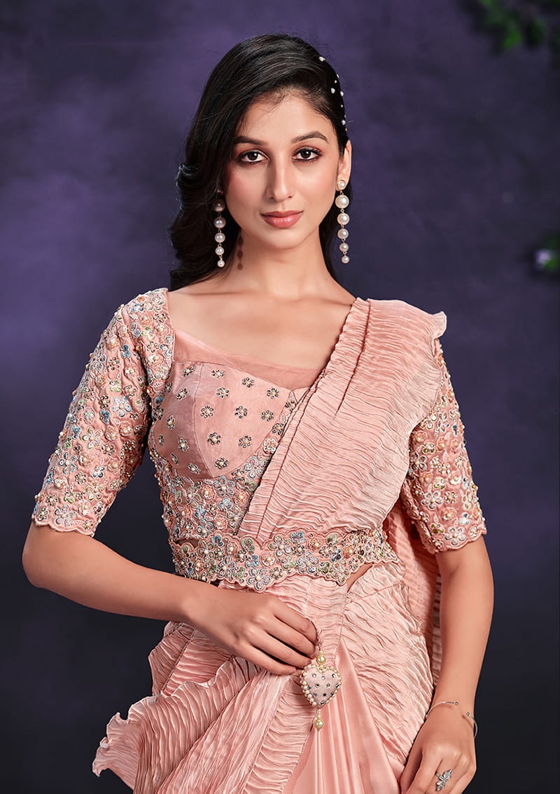 Monjolika Fashion Peach Pre-Draped Crepe Satin Silk Saree with Embroidered Blouse and Waist Belt | Grocsy