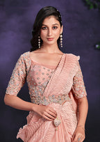 Monjolika Fashion Peach Pre-Draped Crepe Satin Silk Saree with Embroidered Blouse and Waist Belt | Grocsy