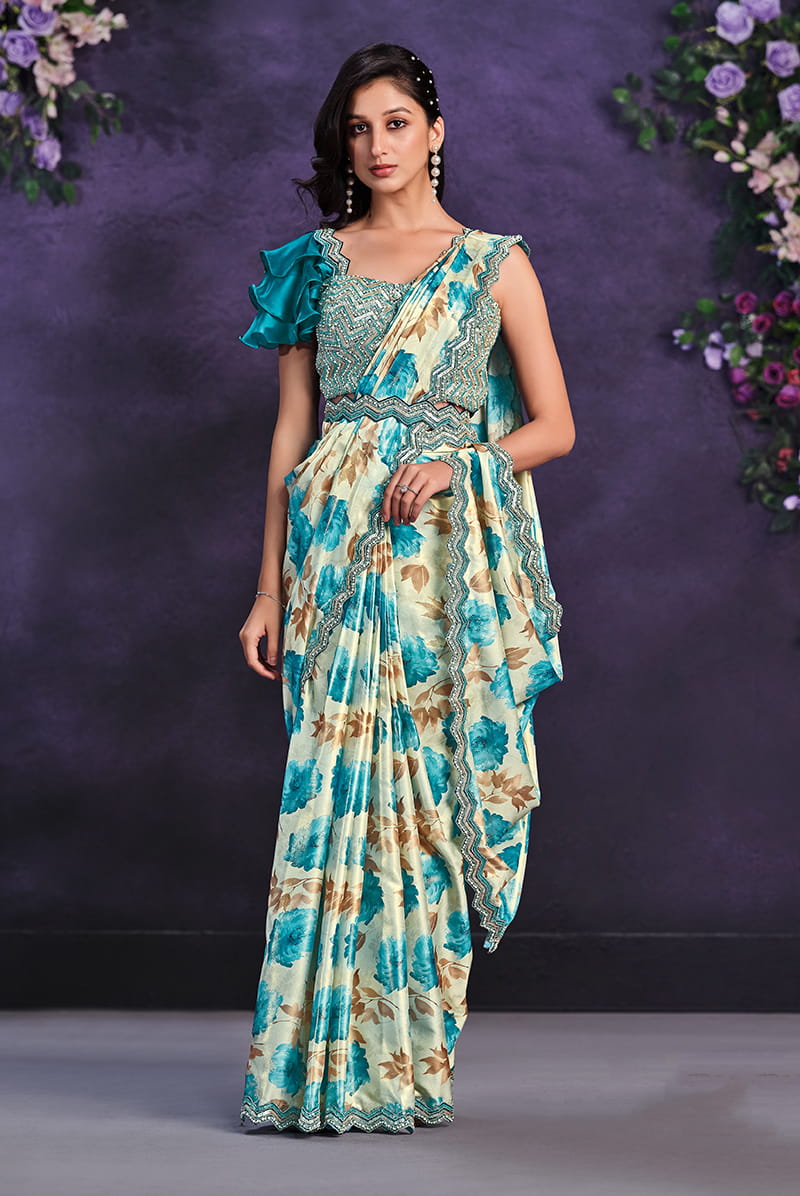 Monjolika Fashion Multicolor Pre-Draped Crepe Satin Silk Saree with Embroidered Blouse and Waist Belt | Grocsy