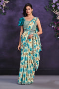 Monjolika Fashion Multicolor Pre-Draped Crepe Satin Silk Saree with Embroidered Blouse and Waist Belt | Grocsy