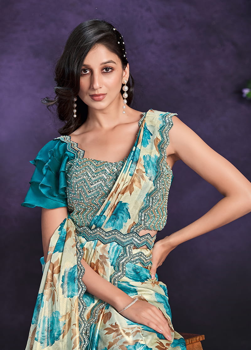 Monjolika Fashion Multicolor Pre-Draped Crepe Satin Silk Saree with Embroidered Blouse and Waist Belt | Grocsy