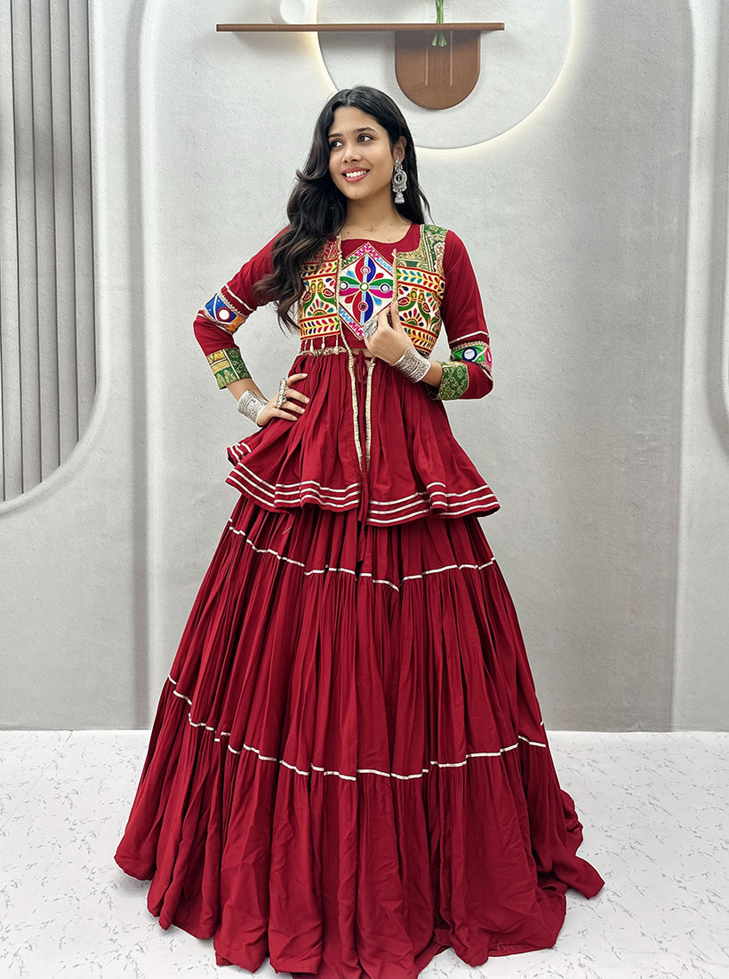 Monjolika Fashion Maroon Navratri Gamthi Work Cotton Blend Lehenga Choli with Designer Koti For Garba | Grocsy