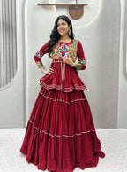 Monjolika Fashion Maroon Navratri Gamthi Work Cotton Blend Lehenga Choli with Designer Koti For Garba | Grocsy