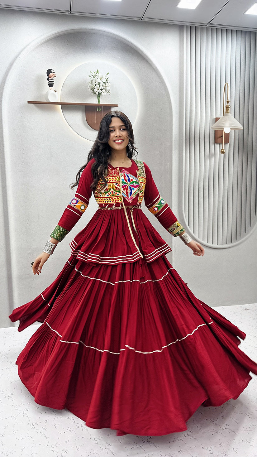 Monjolika Fashion Maroon Navratri Gamthi Work Cotton Blend Lehenga Choli with Designer Koti For Garba | Grocsy