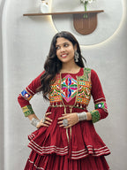 Monjolika Fashion Maroon Navratri Gamthi Work Cotton Blend Lehenga Choli with Designer Koti For Garba | Grocsy