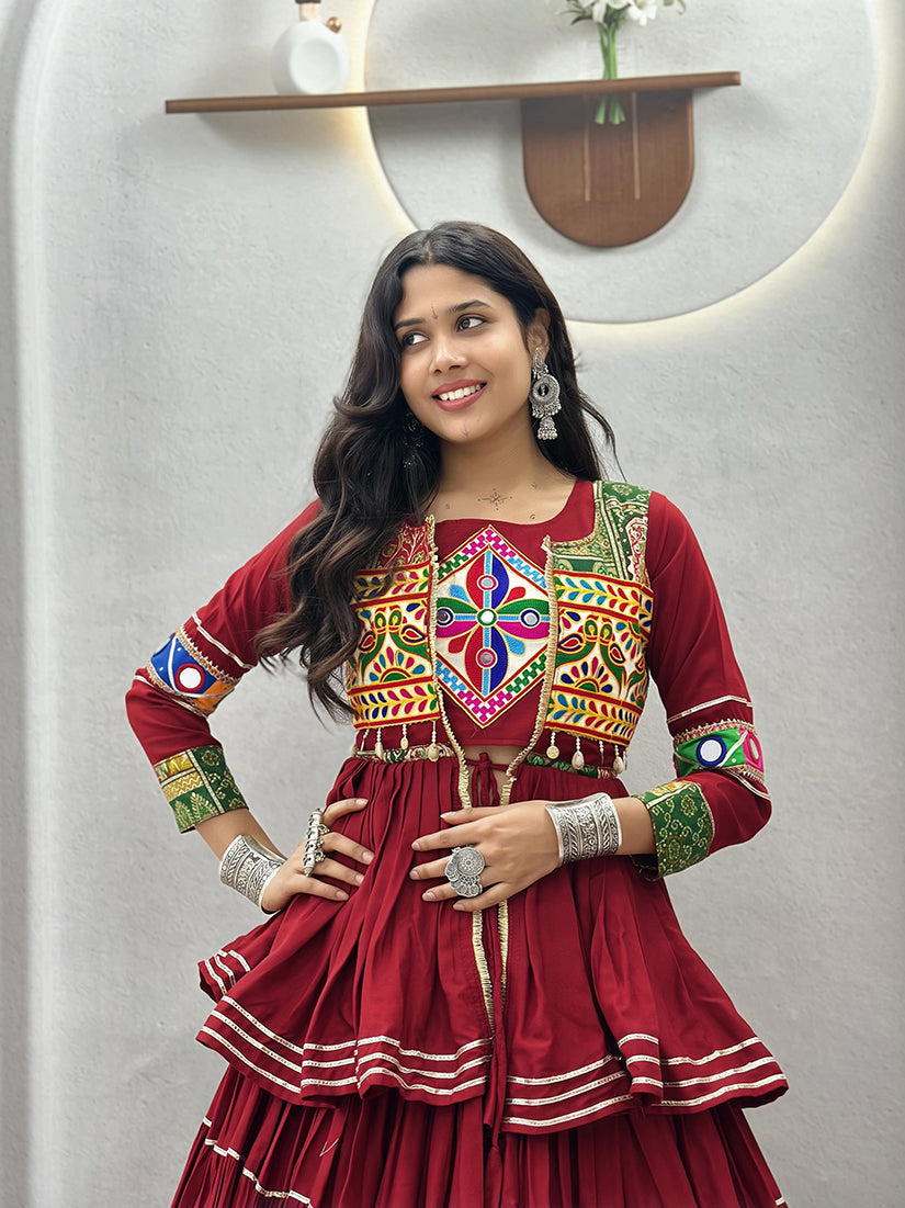 Monjolika Fashion Maroon Navratri Gamthi Work Cotton Blend Lehenga Choli with Designer Koti For Garba | Grocsy
