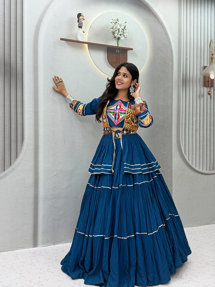 Monjolika Fashion Teal Blue Navratri Gamthi Work Cotton Blend Lehenga Choli with Designer Koti For Garba | Grocsy