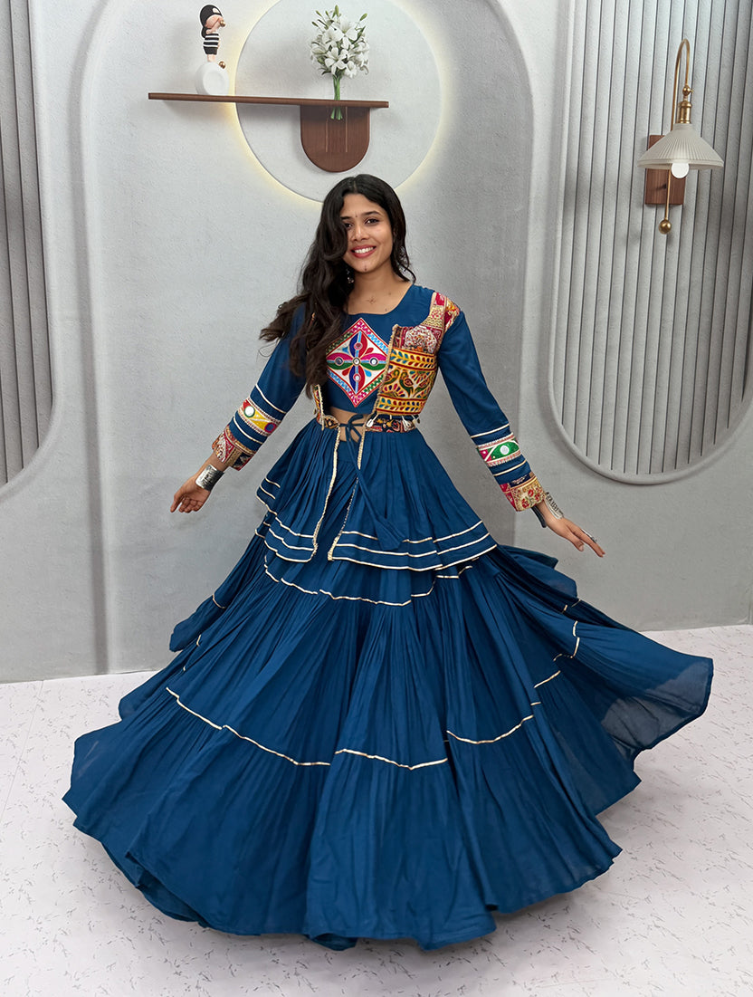 Monjolika Fashion Teal Blue Navratri Gamthi Work Cotton Blend Lehenga Choli with Designer Koti For Garba | Grocsy