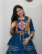 Monjolika Fashion Teal Blue Navratri Gamthi Work Cotton Blend Lehenga Choli with Designer Koti For Garba | Grocsy