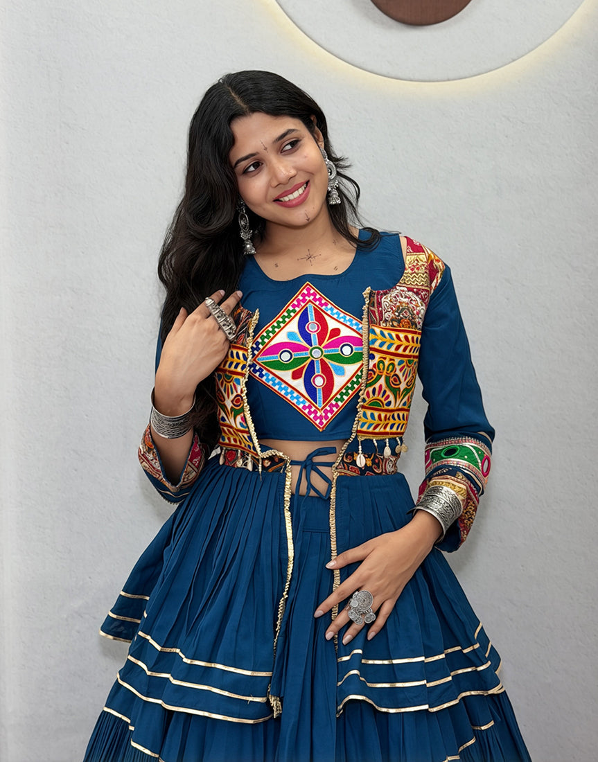 Monjolika Fashion Teal Blue Navratri Gamthi Work Cotton Blend Lehenga Choli with Designer Koti For Garba | Grocsy