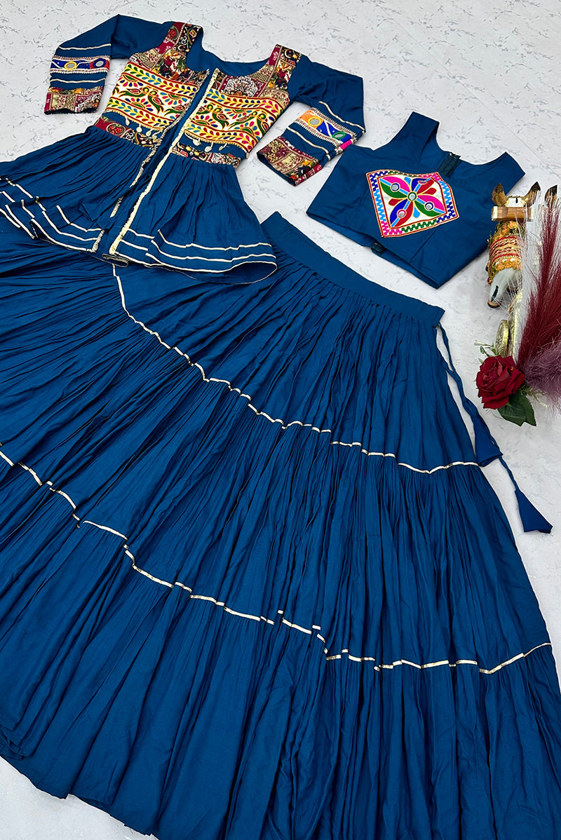 Monjolika Fashion Teal Blue Navratri Gamthi Work Cotton Blend Lehenga Choli with Designer Koti For Garba | Grocsy