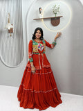 Monjolika Fashion Rust Orange Navratri Gamthi Work Cotton Blend Lehenga Choli with Designer Koti For Garba | Grocsy