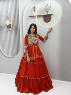Monjolika Fashion Rust Orange Navratri Gamthi Work Cotton Blend Lehenga Choli with Designer Koti For Garba | Grocsy