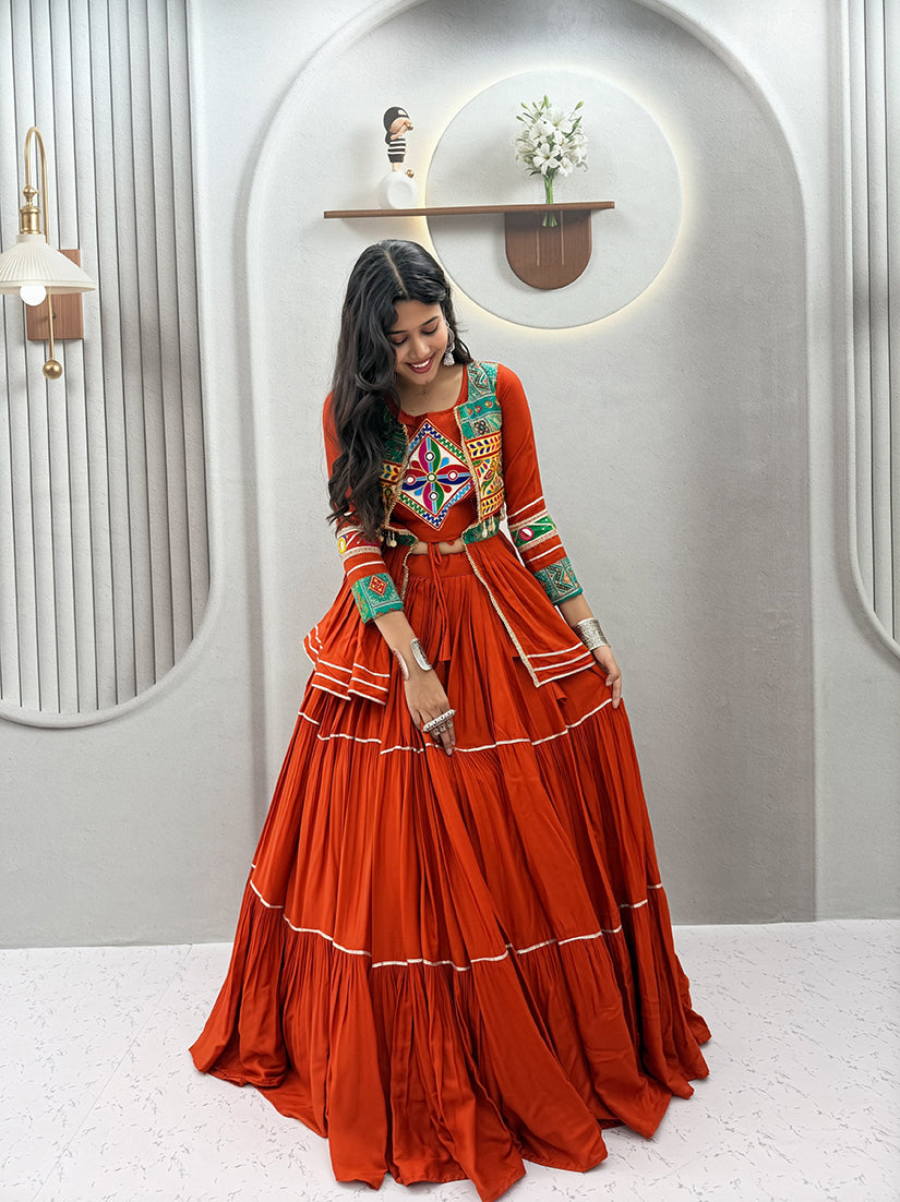 Monjolika Fashion Rust Orange Navratri Gamthi Work Cotton Blend Lehenga Choli with Designer Koti For Garba | Grocsy
