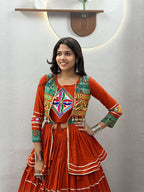 Monjolika Fashion Rust Orange Navratri Gamthi Work Cotton Blend Lehenga Choli with Designer Koti For Garba | Grocsy