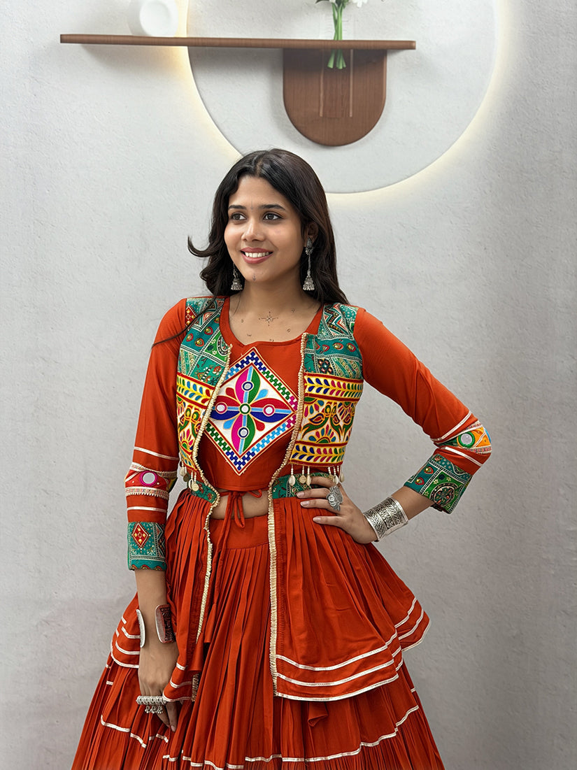 Monjolika Fashion Rust Orange Navratri Gamthi Work Cotton Blend Lehenga Choli with Designer Koti For Garba | Grocsy