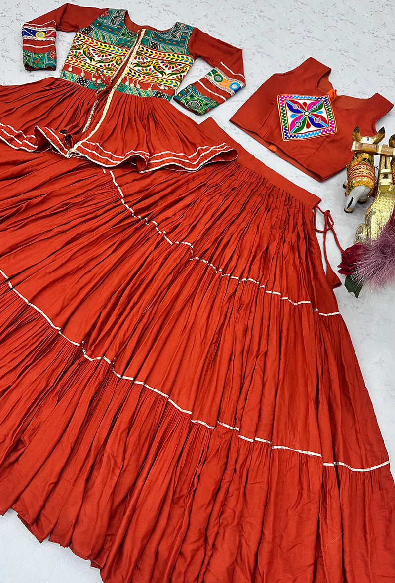 Monjolika Fashion Rust Orange Navratri Gamthi Work Cotton Blend Lehenga Choli with Designer Koti For Garba | Grocsy