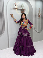 Monjolika Fashion Purple Navratri Gamthi Work Cotton Blend Lehenga Choli with Designer Koti For Garba | Grocsy