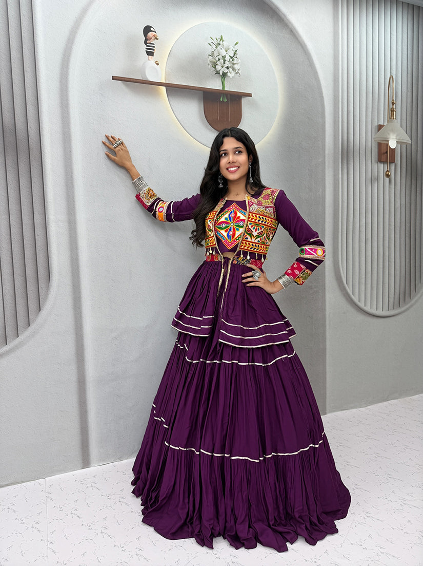 Monjolika Fashion Purple Navratri Gamthi Work Cotton Blend Lehenga Choli with Designer Koti For Garba | Grocsy