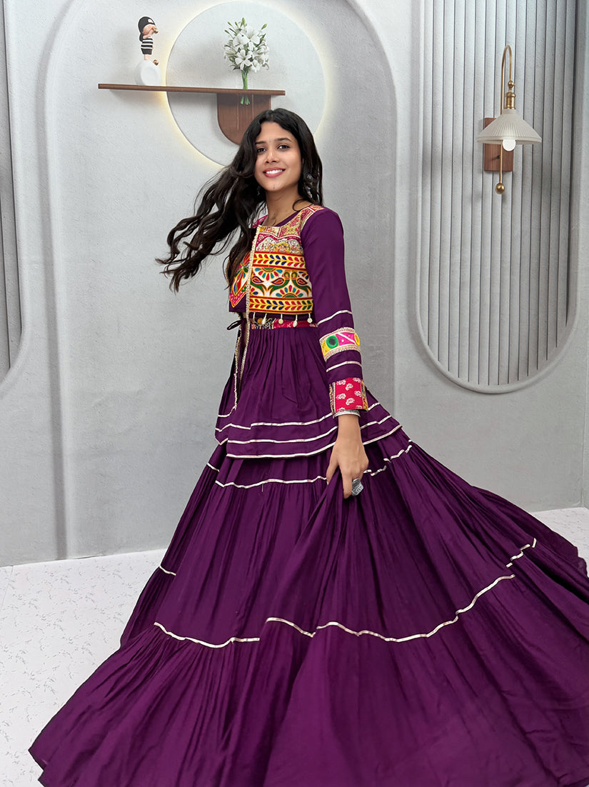Monjolika Fashion Purple Navratri Gamthi Work Cotton Blend Lehenga Choli with Designer Koti For Garba | Grocsy