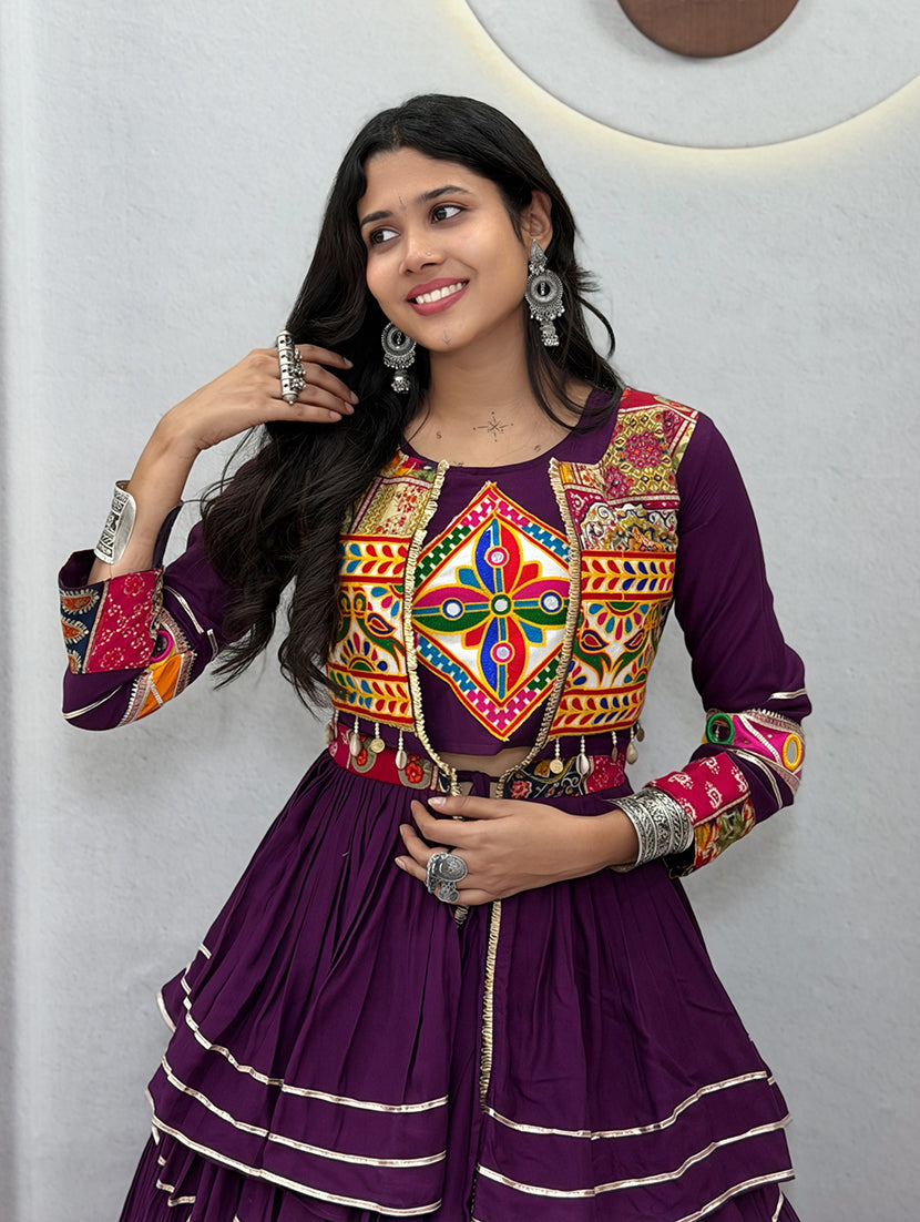 Monjolika Fashion Purple Navratri Gamthi Work Cotton Blend Lehenga Choli with Designer Koti For Garba | Grocsy