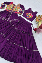 Monjolika Fashion Purple Navratri Gamthi Work Cotton Blend Lehenga Choli with Designer Koti For Garba | Grocsy
